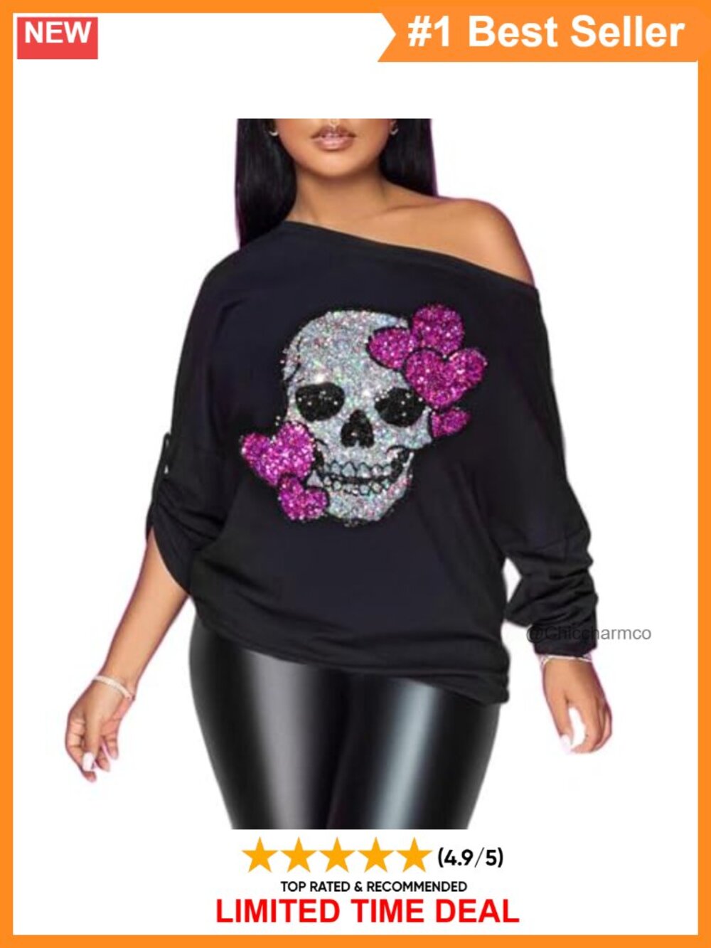Off Shoulder Metallic Gothic Skull Graphic Long Sleeve Tee Blouse